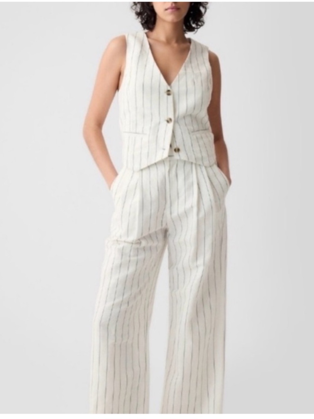 GAP Cream Linen Pinstripe Wide-Leg Pant & Vest Set